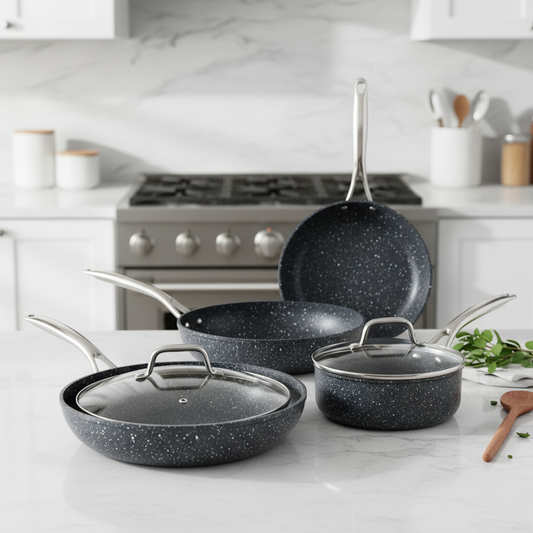 Non-stick granite cookware set with frying pan and saucepan